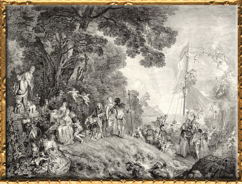 D’après Embarquement pour Cythère, Antoine Watteau, estampe du graveur Nicolas Henri Tardieu, 1733, XVIIIe siècle apjc. (Marsailly/Blogostelle)