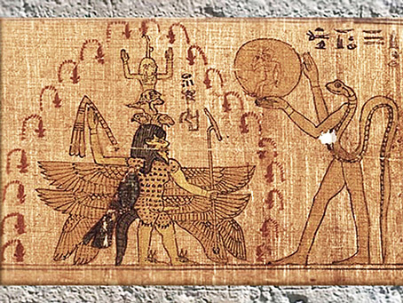 D’après le dieu Bès et Atoum-serpent, protecteurs du jeune Soleil ou fils du roi, et papyrus magique, vers 663-525 avjc, Basse Époque, Égypte ancienne. (Marsailly/Blogostelle)