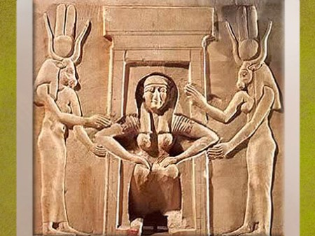 D’après Hathor-Thouéris, scène de parturiente, relief, temple d'Hathor, Dendéra, Époque Ptolémaïque, Égypte Ancienne. (Marsailly/Blogostelle)