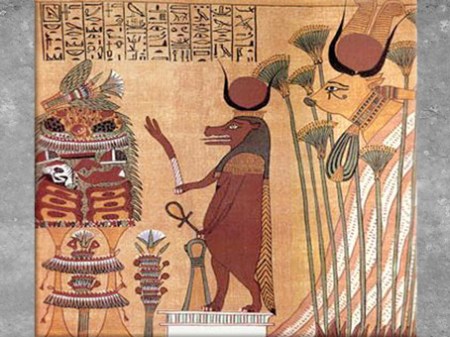  D'après la déesse Taouret-Thouéris devant une table d'offrandes, et Hathor, en déesse Vache céleste, tombe d'Ani, papyrus Livre des Morts, XIXe dynastie, Nouvel Empire, Égypte Ancienne. (Marsailly/Blogostelle)