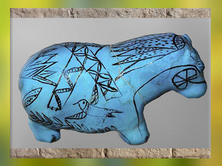 D'après un hippopotame, oiseau et plantes nilotiques, faïence bleue, vers 2033 - 1710 avjc, Moyen Empire, Égypte Ancienne. (Marsailly/Blogostelle)