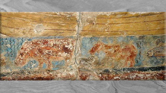 D’après des hippopotames dans le Nil, peinture sur calcaire, barque de pêcheurs, Ve- IVe dynasties, Ancien Empire, Égypte Ancienne. (Marsailly/Blogostelle)
