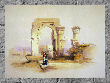 D’après les vestiges de l'Abaton, temple de Biggeh, David Roberts, gravure peinte, 1838, XIXe siècle, Égypte Ancienne. (Marsailly/Blogostelle)