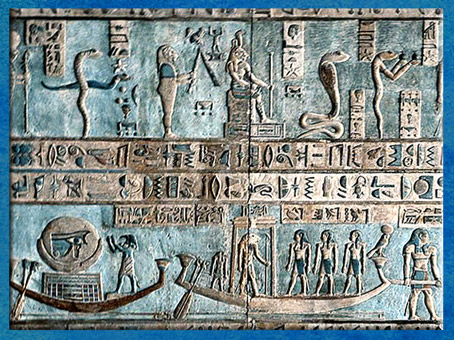 D’après la barque de la Pleine Lune et Thôt ibis, temple d'Hathor, Dendéra, époque Ptolémaïque, Égypte Ancienne. (Marsailly/Blogostelle)