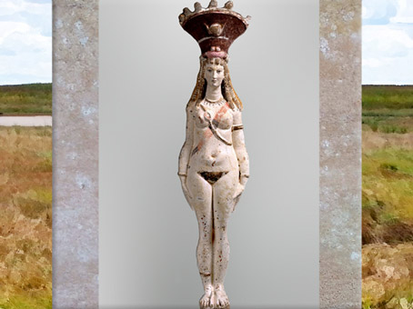 D’après la déesse Isis-Aphrodite nue et parée, statuette, terre cuite peinte sur engobe blanc, IIe siècle, époque Romaine, Égypte ancienne. (Marsailly/Blogostelle)