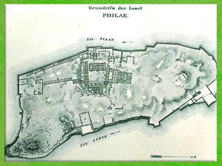 D'après un plan du sanctuaire de Philae, temple d'Isis, XIXe siècle, Égypte Ancienne. (Marsailly/Blogostelle)