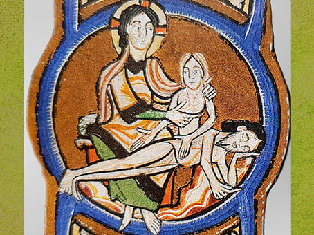 D'après la séparation d'Ève (La vivante) d'Adam, La Genèse, détail, bible enluminée ayant appartenu à Bernard de Clairvaux, XIIe siècle, style Roman, art Médiéval. (Marsailly/Blogostelle)