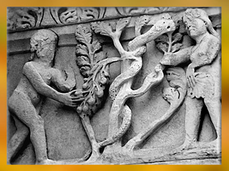 D'après Eve, Adam, le serpent et l'arbre du Paradis, Saint-Trophime, style Roman, XIIe siècle, Arles, art Médiéval. (Marsailly/Blogostelle)