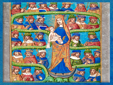 D’après la Vierge à l’Enfant au centre de l’arbre de Jessé, Les Heures de Charles VIII de France, Utopia, armarium codicum bibliophilorum, Cod. 111, XVe siècle, France. (Marsailly/Blogostelle)