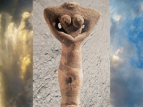 D'après une figurine féminine, terre cuite, période d'Obeid, Ve millénaire avjc, Tello, Irak actuel, Mésopotamie, néolithique. (Marsailly/Blogostelle)