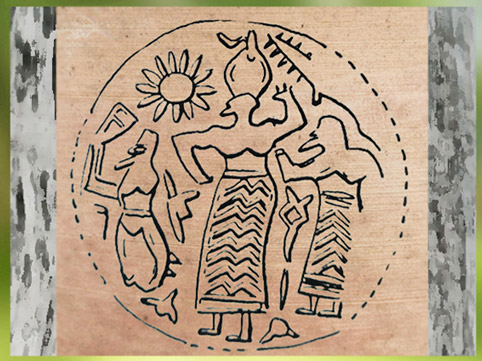 D'après une scène cultuelle, glyptique, vers 3800 avjc, Suse, Iran, Orient ancien, période néolithique. (Marsailly/Blogostelle)