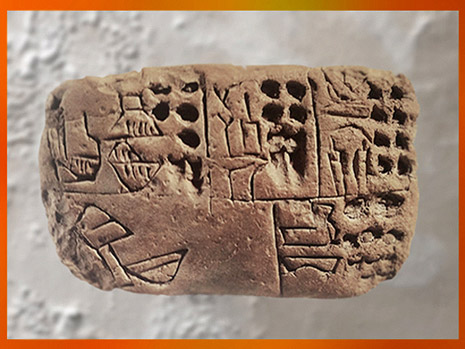 D'après des pictogrammes incisés au calame dans la terre crue, tablette d'argile, vers 3300 avjc, Mésopotamie. (Marsailly/Blogostelle)