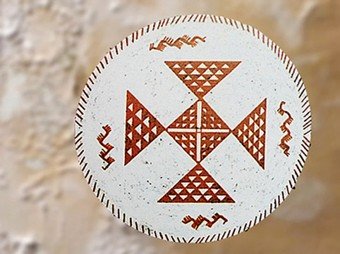 D'après une coupe à motifs géométriques, terre cuite, Samarra, vers 5000 avjc, Tell es-Sawwan, Irak actuel, Mésopotamie néolithique. (Marsailly/Blogostelle)