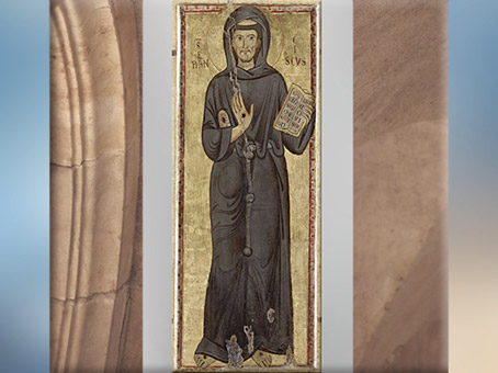 D’après François d'Assise revêtu de sa robe de bure à 3 nœuds, peinture sur bois, fond d'or, 1225-1250, XIIIe siècle, période médiévale. (Marsailly/Blogostelle)