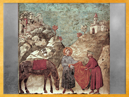 D’après François d'Assise donnant sa tunique à un pauvre, Giotto Di Bondone, 1295, église supérieure de San Francesco d'Assise, Ombrie, XIIIe siècle, période médiévale. (Marsailly/Blogostelle)