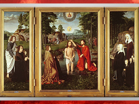 D’après Le Baptême du Christ ou triptyque de Jan des Trompes, de Gérard David, huile sur bois, retable, 1502 - 1508, école flamande, début XVIe siècle, Renaissance. (Marsailly/Blogostelle)