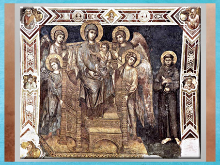 D’après François d'Assise auprès de la Vierge à l'Enfant entourée d'anges, de Cimabue, fresque, 1278 - 1280, basilique inférieure, Assise, Ombrie, XIIIe siècle, période médiévale. (Marsailly/Blogostelle)