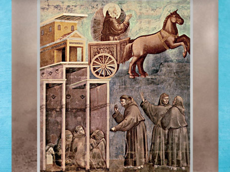 D’après François d’Assise en gloire sur un char de feu, Giotto vers 1295, église supérieure de San Francesco d'Assise, Ombrie, XIIIe siècle, période médiévale. (Marsailly/Blogostelle)