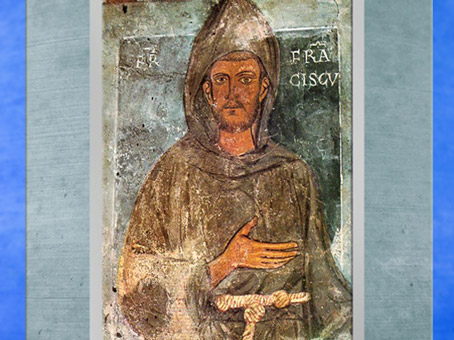 D’après François d'Assise, fresque, chapelle de Saint Grégoire, Sacro Speco (Sainte grotte), vers 1228, abbaye de Subiaco, province de Rome, XIIIe siècle, période médiévale. (Marsailly/Blogostelle)