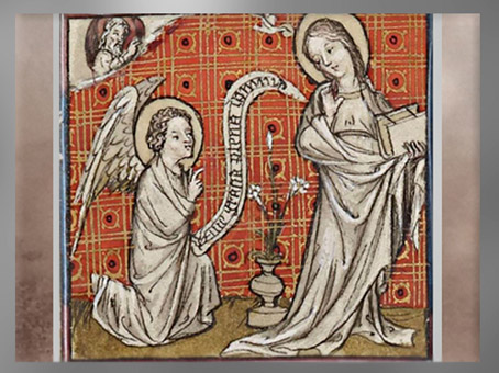 D’après La Légende Dorée, Jacques de Voragine, traduction Jean de Vignay, Annonciation, 1404 apjc, vignette, enluminure, début Renaissance, France. (Marsailly/Blogostelle)
