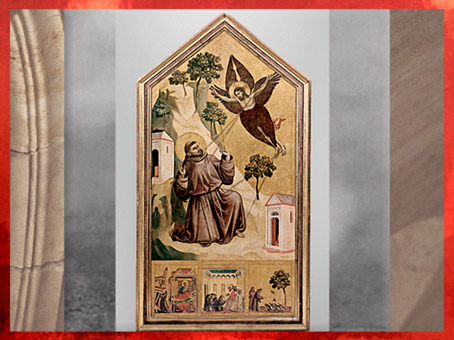 D’après la prédelle de saint François recevant les stigmates, de Giotto Di Bondone, avec Le Songe d'Innocent III, Le Pape approuvant les règles de l'ordre et François prêchant aux oiseaux, vers 1295 - 1300, période médiévale (Marsailly/Blogostelle)