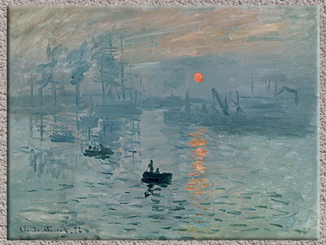 D’après Impression au soleil levant, Claude Monet, vers 1872-1873, huile sur toile, le port du Havre au petit matin, XIXe siècle. (Marsailly/Blogostelle)