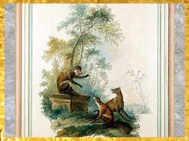 D’après un motif de singerie, détail, cabinet des Fables, Le loup, le renard et le singe, hôtel Dangé, vers 1750-1755 apjc, Paris, XVIIIe siècle, style Rocaille, France. (Marsailly/Blogostelle)