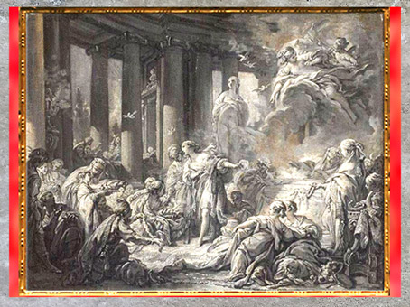 D’après Psyché recevant les honneurs divins, de François Boucher, huile sur papier marouflé sur toile, vers 1740, XVIIIe siècle, Blois, France, période Rocaille. (Marsailly/Blogostelle)