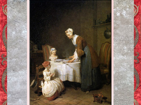 D’après une scène de genre, Le Bénédicité, de Jean-Siméon Chardin, Salon de 1740, XVIIIe siècle, France.  (Marsailly/Blogostelle)