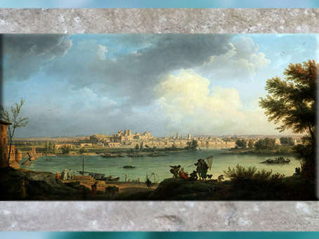 D’après une peinture de  paysage , Vue de la ville d'Avignon, de Joseph  Vernet, 1748, huile sur toile, XVIIIe siècle, France. (Marsailly/Blogostelle)