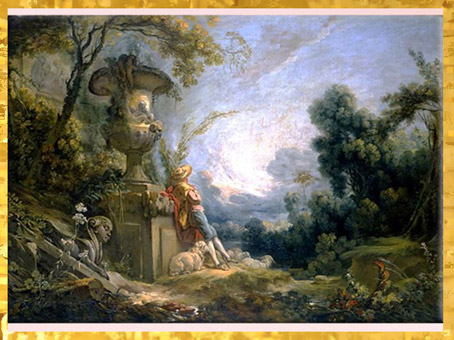 D'après La Pastorale ou Jeune berger dans un paysage, de François Boucher, 1739 -1745, France,  XVIIIe siècle, période Rocaille. (Marsailly/Blogostelle)