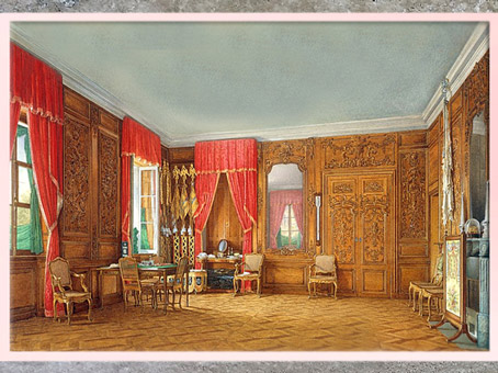 D’après une vue du cabinet de chêne de Pierre le Grand, selon un croquis de Nicolas Pineau, aquarelle d’E. P. Hau vers 1850, style Rocaille. (Marsailly/Blogostelle)
