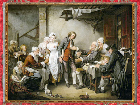 D’après L'accordée de village, du peintre Jean-Baptiste Greuze, Salon de 1761, promesse de mariage, France, XVIIIe siècle. (Marsailly/Blogostelle)