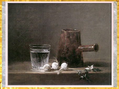 D’après Verre d'eau et pichet, nature morte, de Jean-Baptiste Siméon Chardin, huile sur toile, 1760, France, XVIIIe siècle. (Marsailly/Blogostelle)