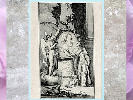 D’après un buste de Montesquieu, ovale sur pyramide et figures allégoriques, estampe, 1755, Recueil, collection Michel Hennin, XVIIIe siècle. (Marsailly/Blogostelle)