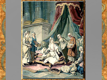 D’après La Toilette de la sultane, Tenture du costume turc, Charles Amédée Philippe Van Loo, 1774, château de Compiègne, France, XVIIIe siècle. (Marsailly/Blogostelle)