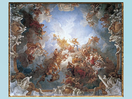D’après L'Apothéose d'Hercule, de François Lemoyne, fresque, 1733-1736, époque Louis XV, salon d'Hercule, Versailles, XVIIIe siècle, France. (Marsailly/Blogostelle)