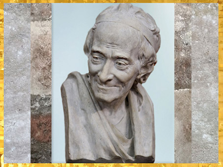 D'après le buste de Voltaire, modèle de Jean-Antoine Houdon, plâtre, signé F.P.Houdon 1780, France, XVIIIe siècle. (Marsailly/Blogostelle)