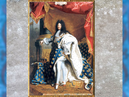 D’après le roi de France, Louis XIV, portrait officiel du Roi-Soleil, en costume de sacre à fleurs de lys, de Hyacinthe Rigaud, 1701,début XVIIIe siècle.  (Marsailly/Blogostelle)