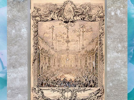 D’après Le bal donné pour le mariage de Louis Dauphin avec Marie-Thérèse, infante d'Espagne, en 1745, dessin de Charles-Nicolas Cochin, 1746, époque Louis XV, France, XVIIIe siècle. (Marsailly/Blogostelle)