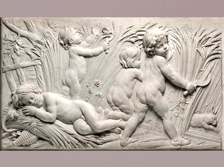 D’après une Allégorie de l’été, jeux d’enfants, d'Edme Bouchardon, bas relief, décor de la fontaine de Grenelle, XVIIIe siècle, France, style Néoclassique. (Marsailly/Blogostelle)