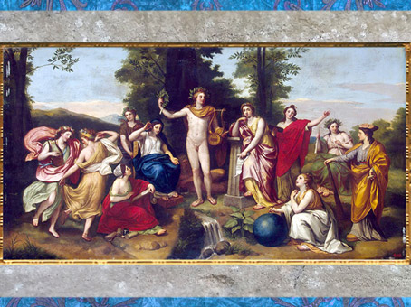 D’après Le Parnasse, Apollon, Mnémosyne et les neuf muses, d'Anton Raphaël Mengs, vers 1760-1761, fresque, Villa Albani, Rome, XVIIIe siècle, Néoclassique. (Marsailly/Blogostelle)