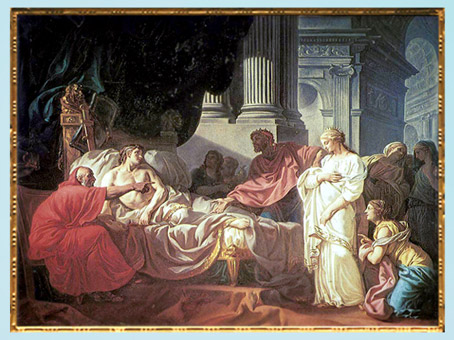 D’après Erasistrate découvrant la cause de la maladie d'Antiochius, de Jacques-Louis David, 1774, sujet tiré de Plutarque, XVIIIe siècle, Néoclassique. (Marsailly/Blogostelle)
