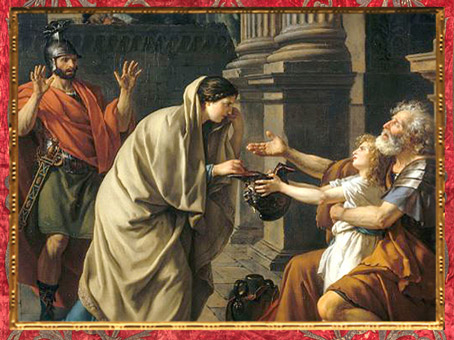 D’après Bélisaire demandant l'aumône, de Jacques-Louis David, 1781, détail : le soldat reconnaît le général, France, XVIIIe siècle, Néoclassique. (Marsailly/Blogostelle)