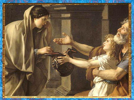 D’après Bélisaire demandant l'aumône, de Jacques-Louis David, 1781, détail : l'aumône, France, XVIIIe siècle, Néoclassique. (Marsailly/Blogostelle)