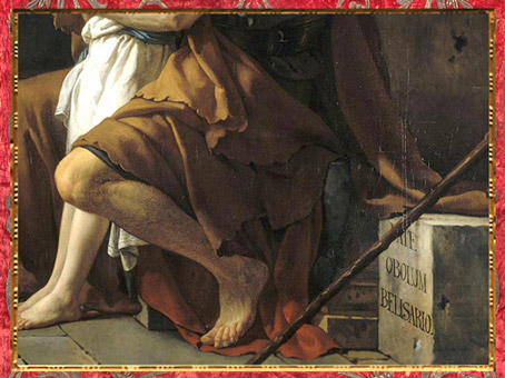 D’après Bélisaire demandant l'aumône, de Jacques-Louis David, 1781, détail : l'inscription, France, XVIIIe siècle, Néoclassique. (Marsailly/Blogostelle)