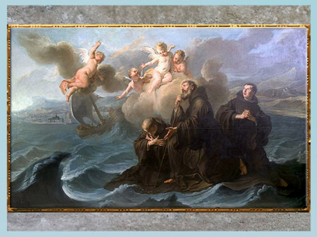 D’après saint François de Paule et ses compagnons traversant le détroit de Messine sur son manteau, de Noël-Nicolas Coypel, 1723, huile sur toile, couvent des Minimes, place Royale, Paris, France, XVIIIe siècle. (Marsailly/Blogostelle)