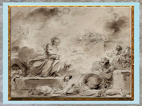 D’après L'Adoration des bergers, de Jean-Honoré Fragonard, vers 1775, esquisse lavis brun, tracé pierre noire, France, XVIIIe siècle. (Marsailly/Blogostelle)