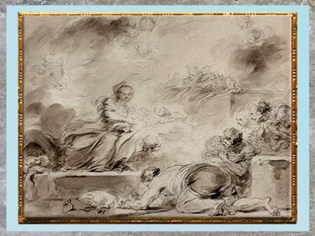 D’après L'Adoration des bergers, de Jean-Honoré Fragonard, vers 1775, esquisse lavis brun, tracé pierre noire, France, XVIIIe siècle. (Marsailly/Blogostelle)