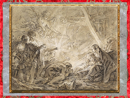 D’après L’Adoration des bergers, de François Boucher, 1758-1760, esquisse, craie noire, plume encre brune et lavis, XVIIIe siècle, France. (Marsailly/Blogostelle)